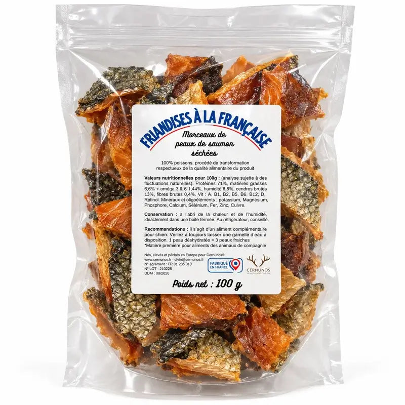Morceaux de peau de saumon pour chien – Friandise naturelle